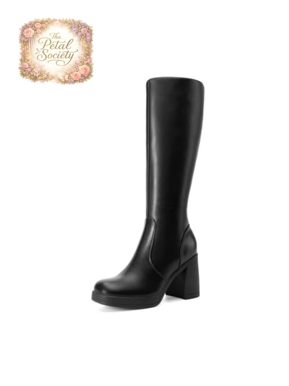 Knee High Platform Heel Boots Faux Leather Square Toe Zip Equestrian
